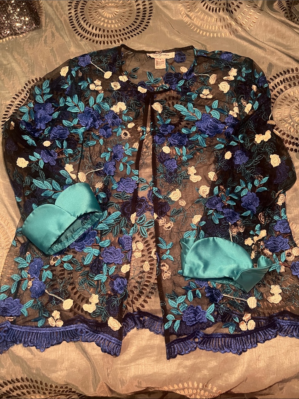 Sheer Embroidered Floral top - Blue & Teal